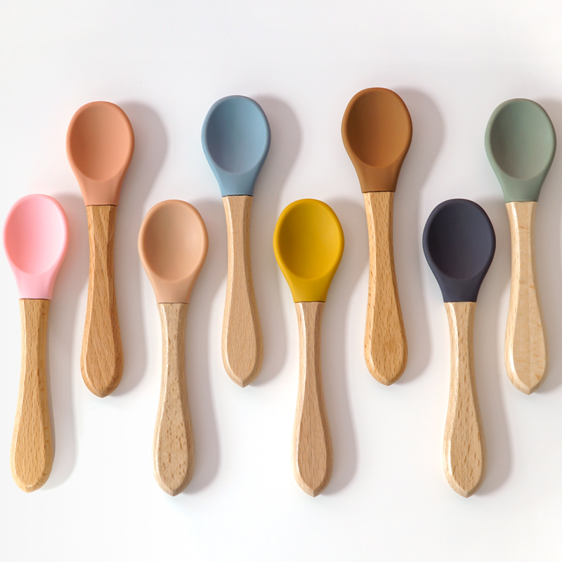 Baby Food Guide - Feeding Wooden Handle Silicone Spoon For